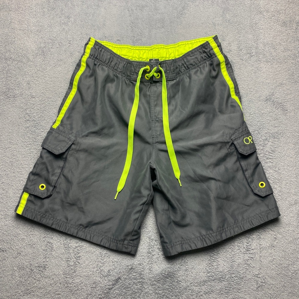 Ocean Pacific Swim Suit Mens Medium Black Neon Green Stripe Cargo OP Swim Trunks